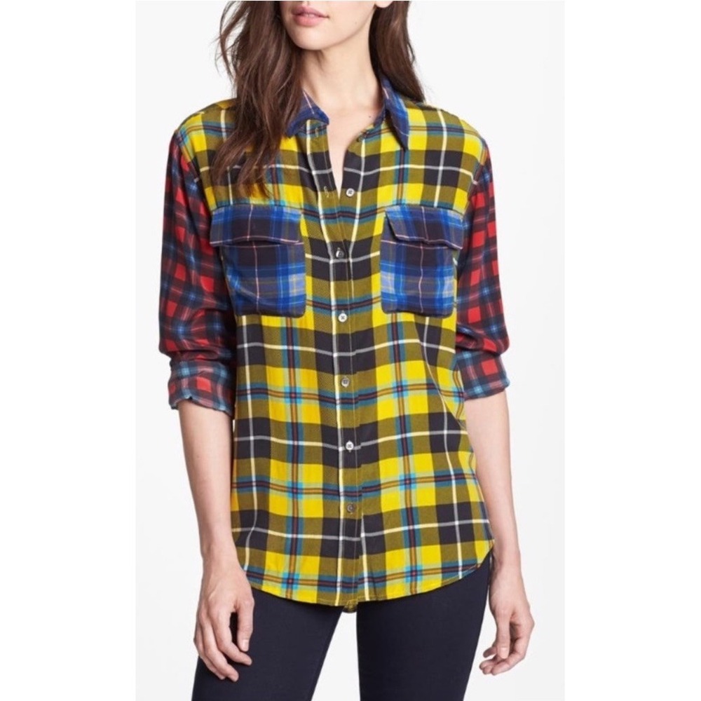 Equipment Femme 100% Silk Plaid Button Up Shirt Multicolor Q599-E035L Sz S